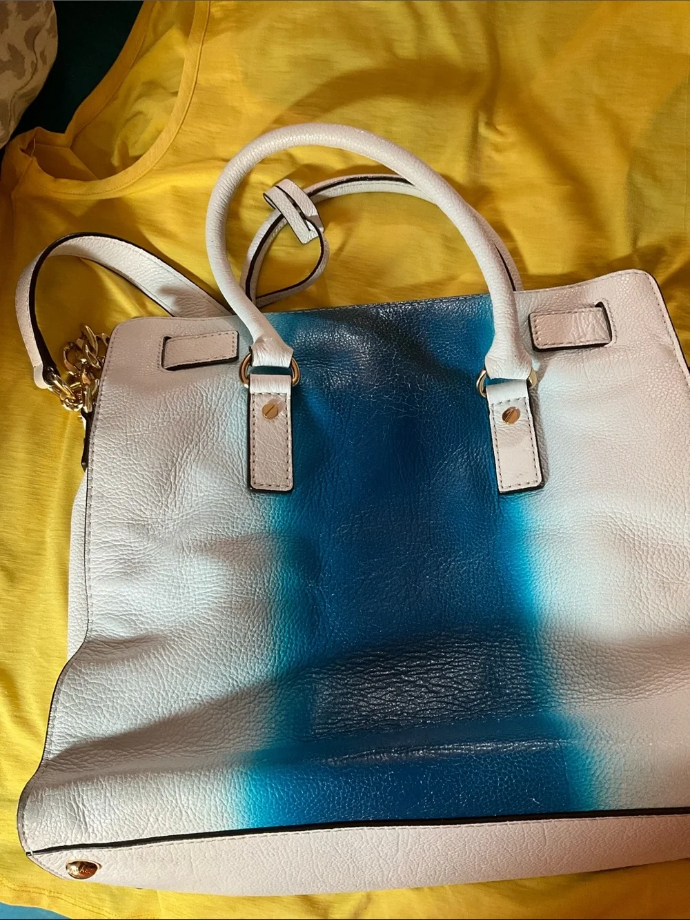 MICHAEL KORS White and Blue Gradient Leather Tote Bag with Gold Accent